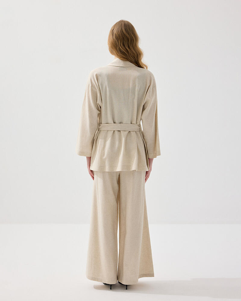 Şal Yaka Keten Kimono & Cepli Bol Paça Pantolon Takım - Bej - 2