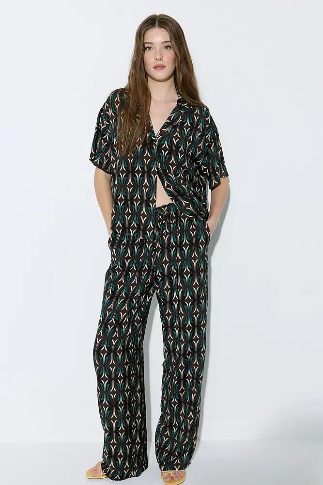 Geometric Patterned Drop Shoulder Viscose Shirt & Drop Shoulder Viscose Shirt Set - Brown