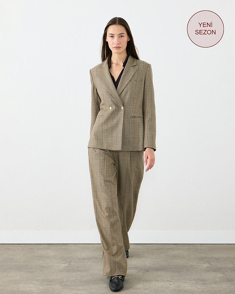 Kazayağı Blazer Ceket & Bol Paça Kumaş Pantolon Takım - Kahverengi