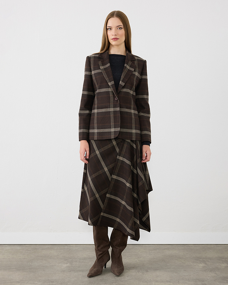 Plaid Blazer Jacket & Asymmetric Plaid Skirt Set - Brown