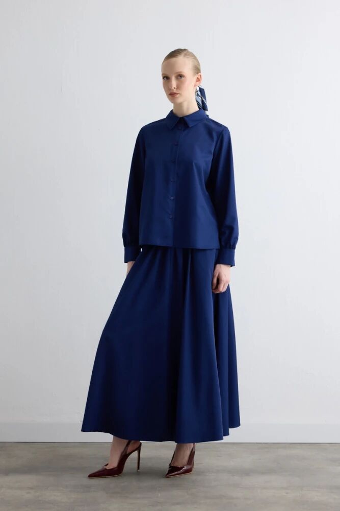 Paraşüt Kumaş Gömlek & Büzgülü Etek - Lacivert Takım