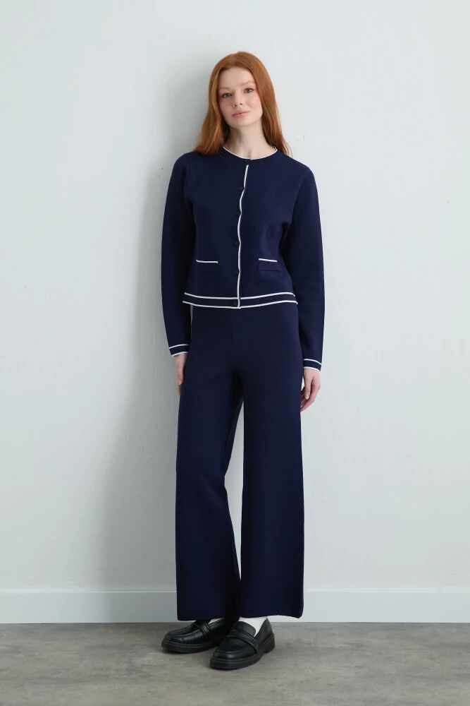 Biyeli Triko Hırka & Bol Paça Pantolon - Lacivert