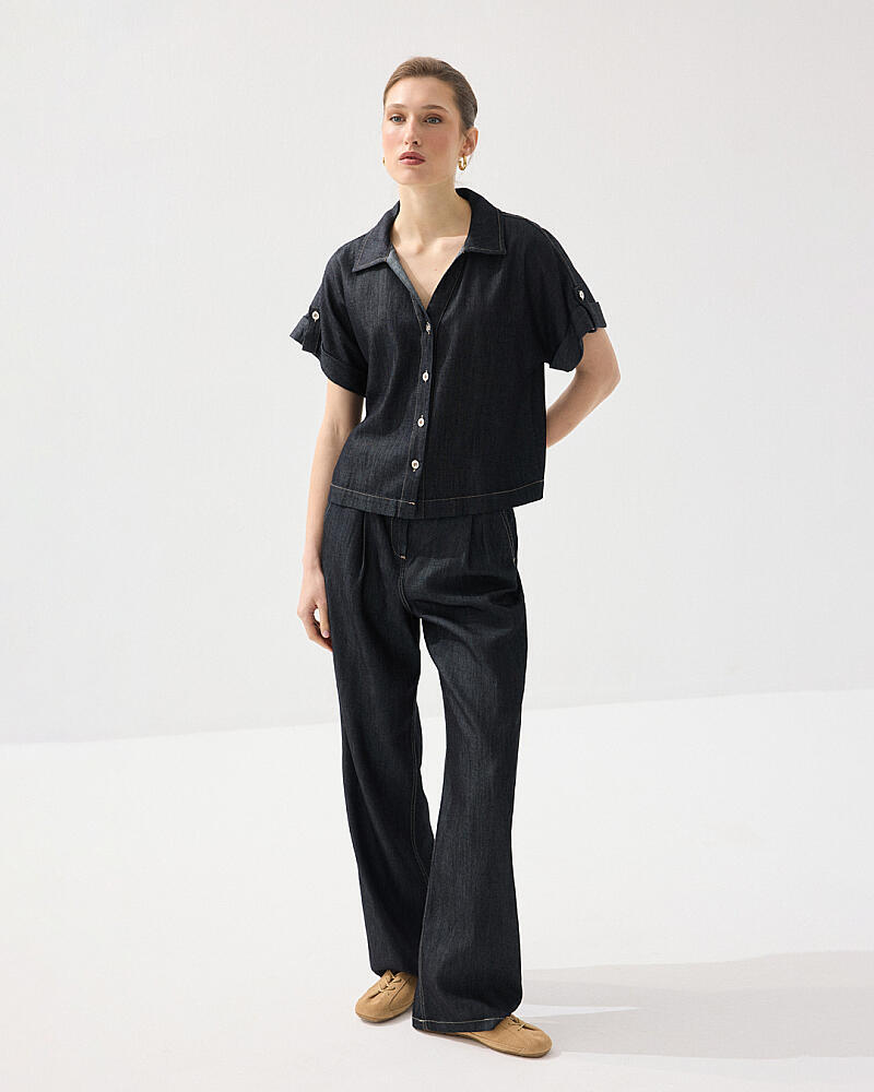 Tencel Denim Kısa Gömlek & Kemerli Pantolon Takım - Lacivert
