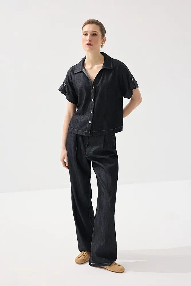 Tencel Denim Kısa Gömlek & Kemerli Pantolon - Lacivert