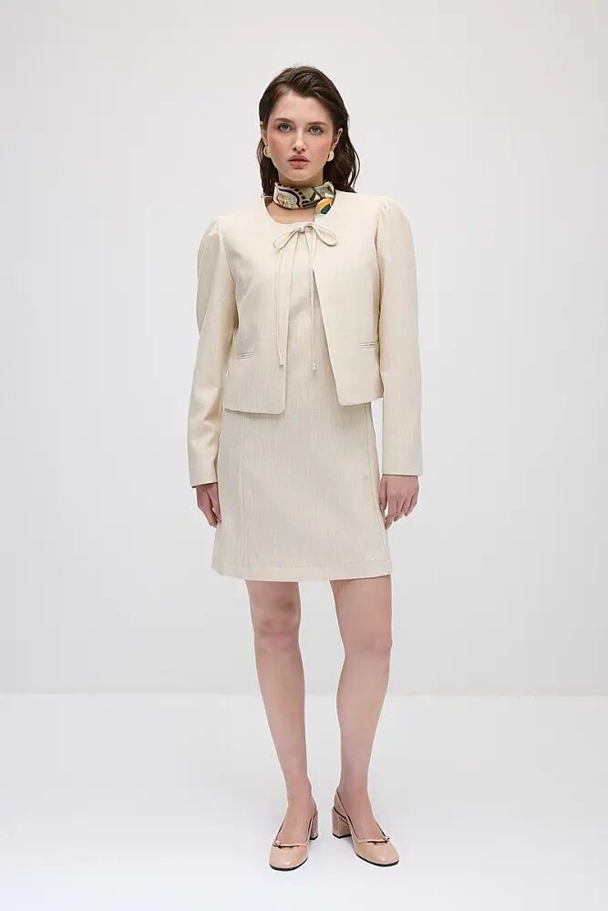 Tie Detail Cotton Bolero Jacket & Pinafore Dress Set - Ecru - 1