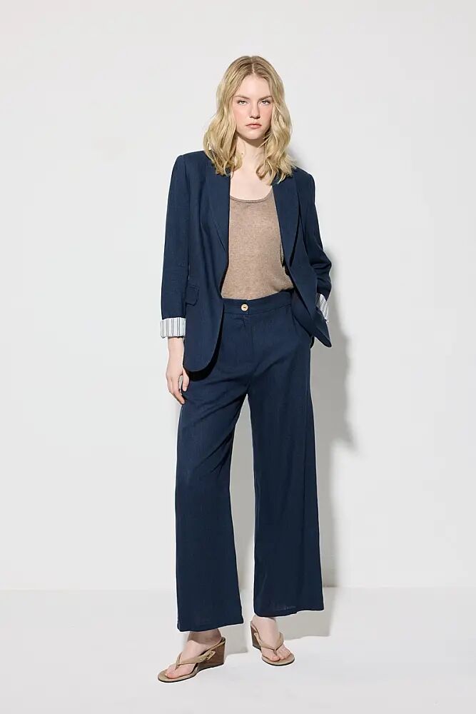 Roll-Up Sleeve Relaxed Fit Linen Jacket & Wide Leg Trousers Set - Navy Blue
