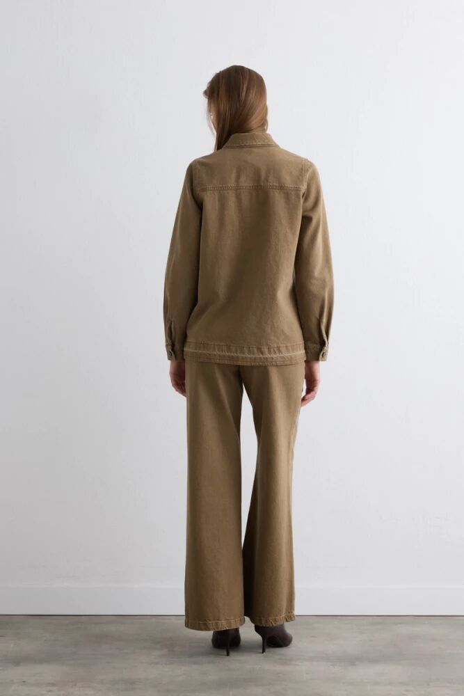 Yakalı Denim Gömlek & Wide Leg Pantolon - Kahverengi Takım - 2