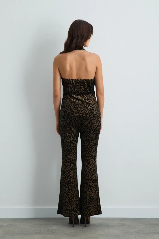 Leopar Desenli Kadife Çapraz Askılı Bluz & İspanyol Paça Pantolon - Siyah Takım - 2