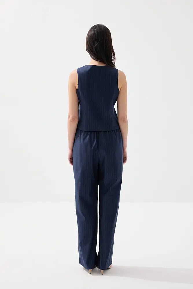 Silik Çizgili Klasik Yelek & Bol Paça Kumaş Pantolon Takım - Lacivert - 2