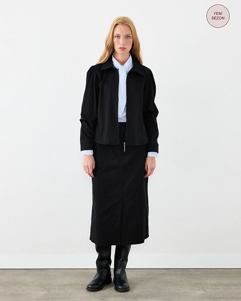 Peter Pan Collar Zippered Canvas Jacket & Midi Canvas Skirt Set - Black
