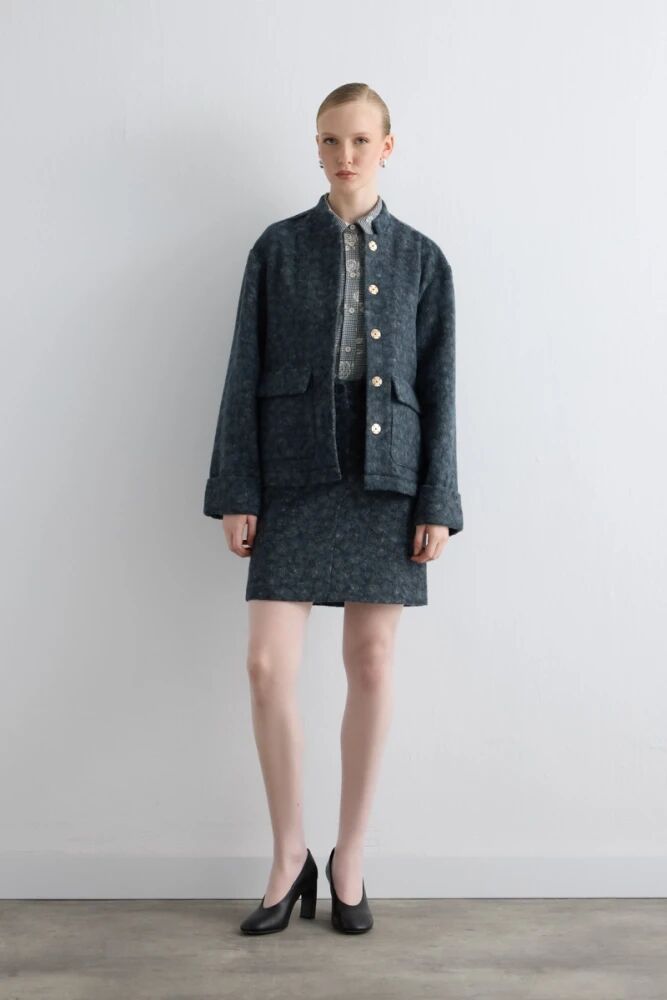 Stand Collar Wool Jacket with Mini Skirt - Grey