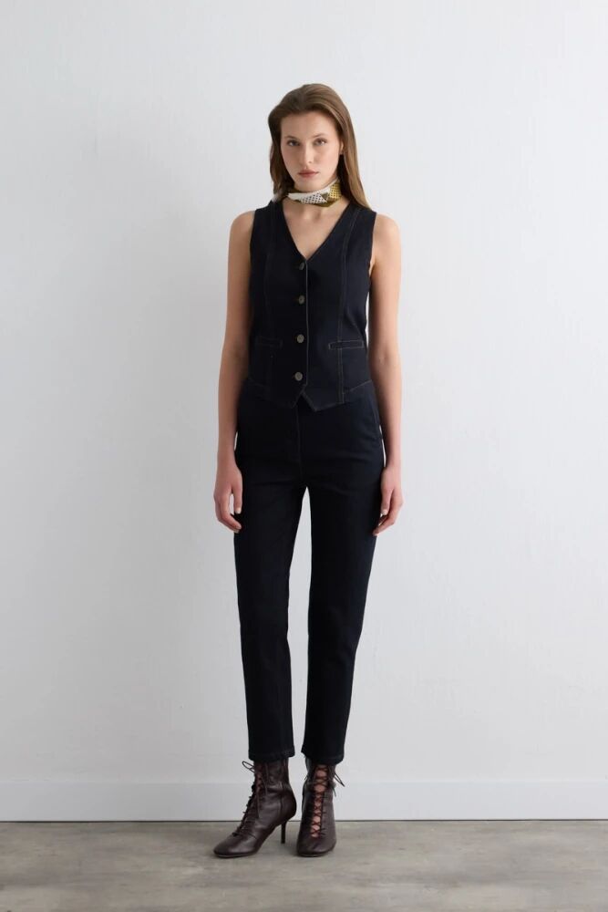 Tencel Denim Vest Mom Pants - Navy