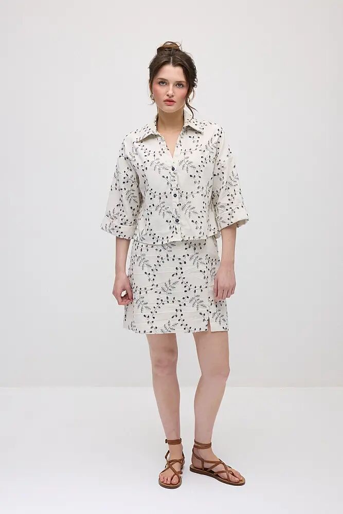 Nakışlı Kısa Gömlek & Koton Mini Etek Takım - Ekru