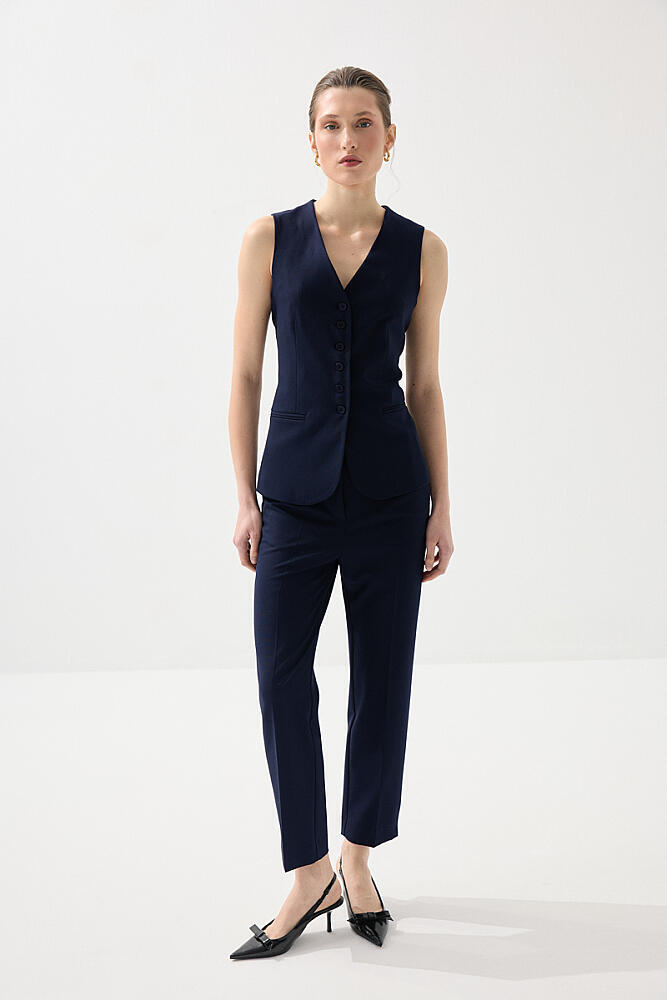 Klasik Düğmeli Yelek & Boru Paça Kumaş Pantolon Takım- Lacivert