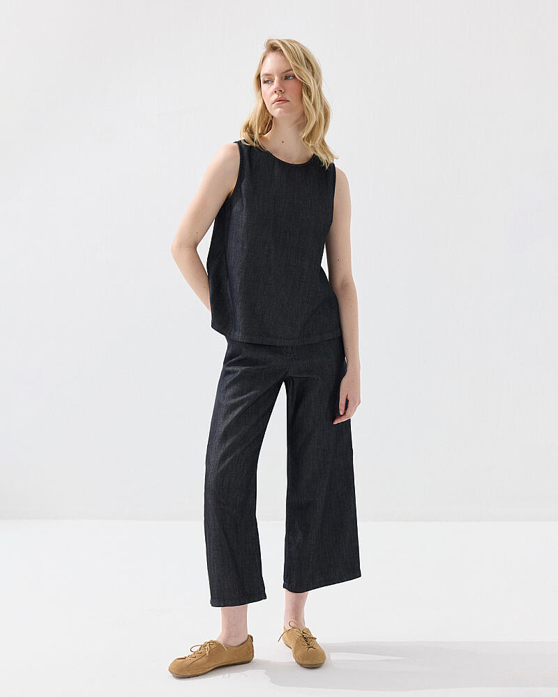 Tensel Denim Kolsuz Bluz & Pantolon Takımı - Lacivert