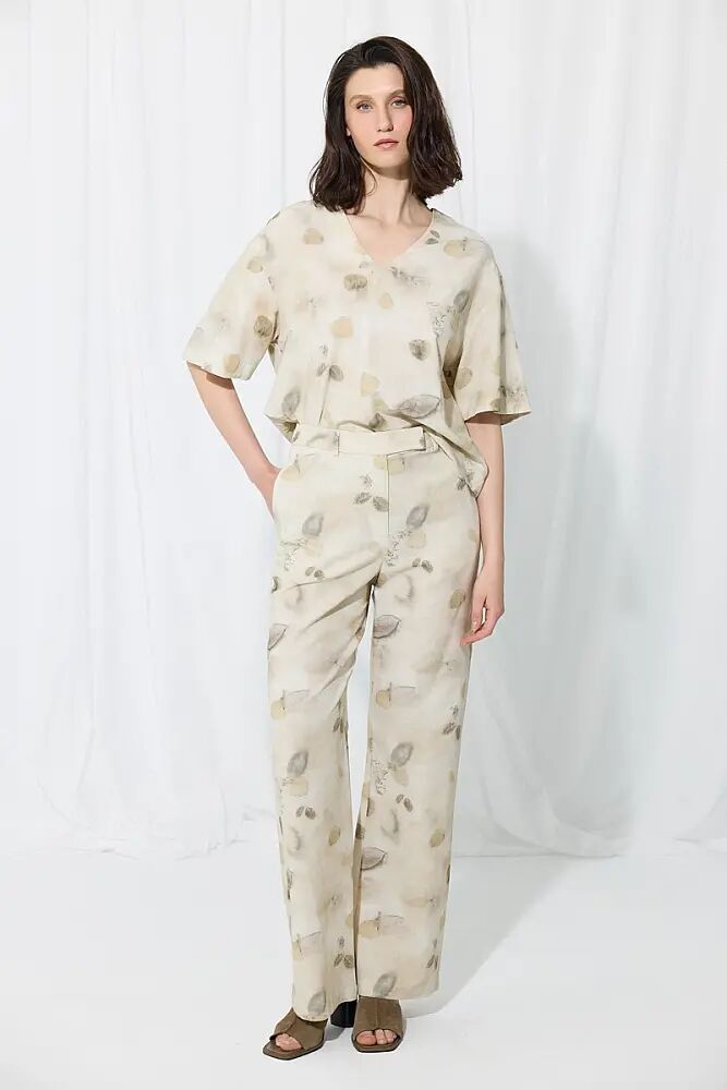 İz Koleksiyonu Eco Print V Yakalı Keten Bluz & Koton Pantolon Takım - Taş