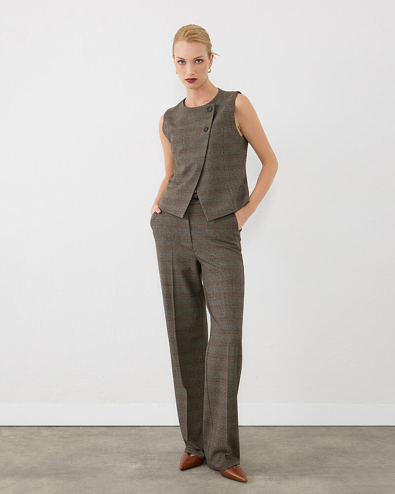 Ekose Asimetrik Kesim Yelek & Beli Kemerli Straight Fit Pantolon Takımı- Kahverengi - 2