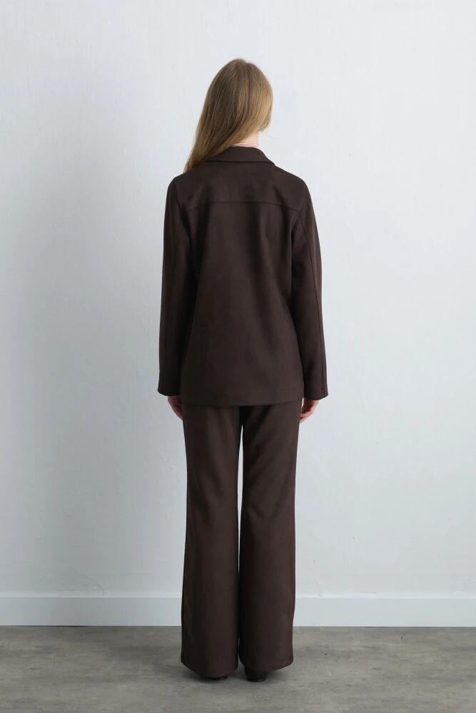 Süet Blazer Ceket & Geniş Paçalı Pantolon - Kahverengi Takım - 2