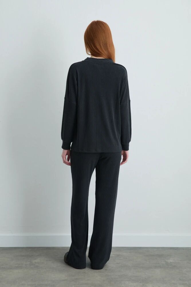 Fitilli Modal Örme Hırka & Bol Paça Pantolon - Gri - 2