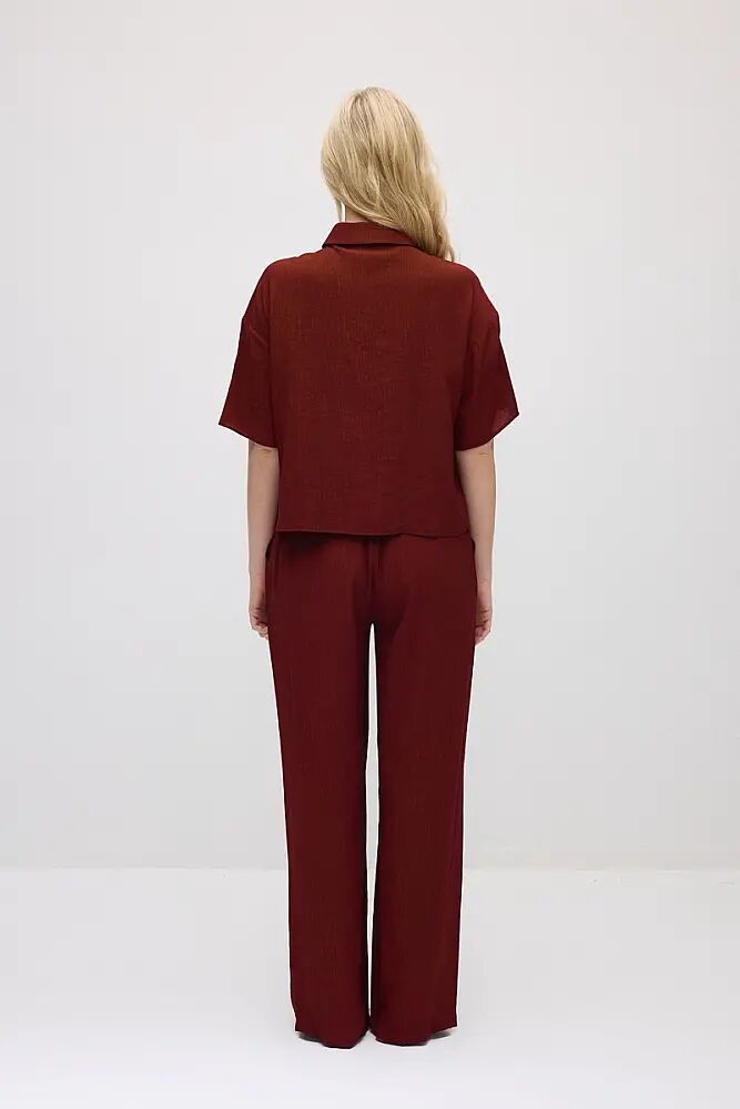 Kısa Kollu Bluz & Bol Paça Krinkıl Pantolon Takım - Bordo - 2