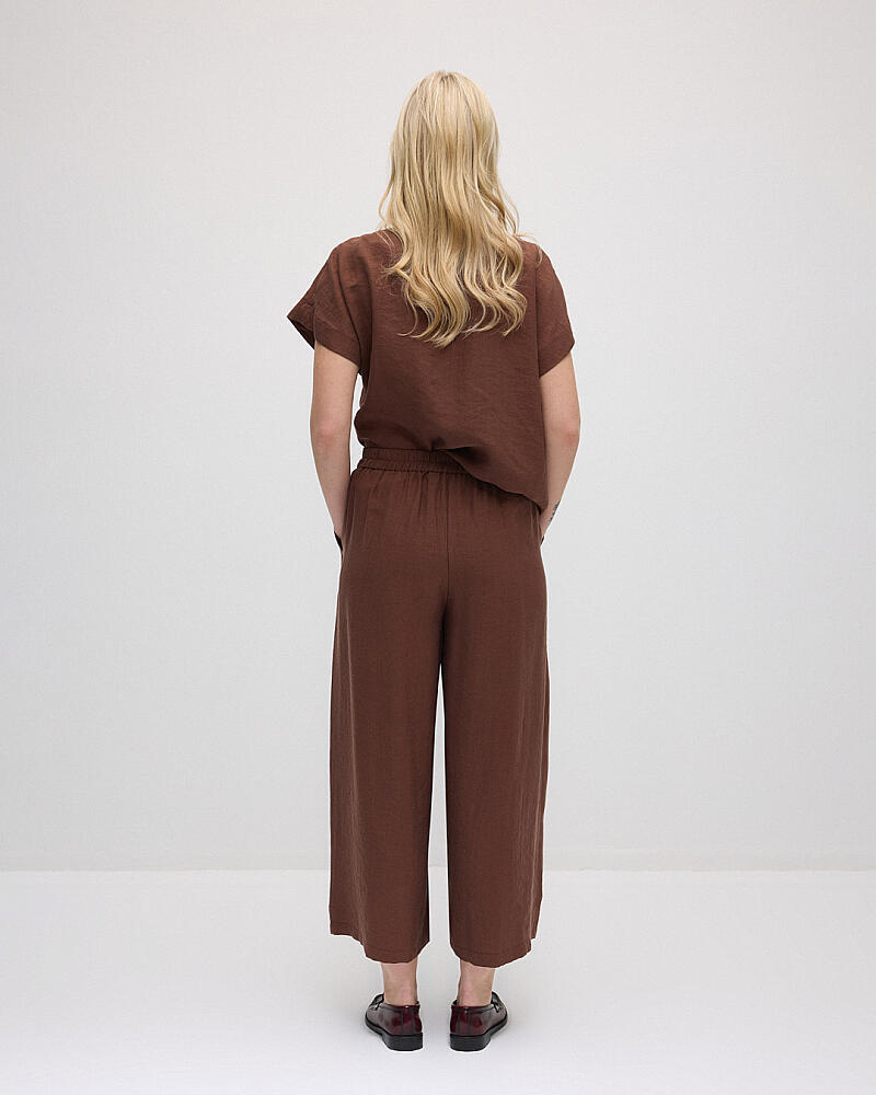 Yuvarlak Yaka Tencel Bluz & Bol Paça Pantolon Takım - Kahverengi - 2