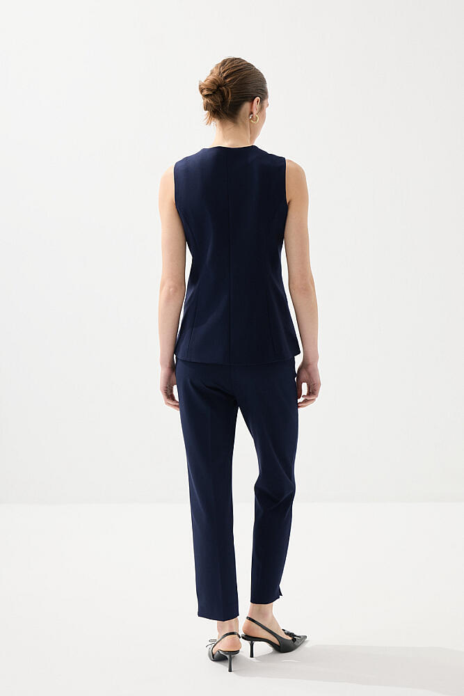Klasik Düğmeli Yelek & Boru Paça Kumaş Pantolon Takım- Lacivert - 2