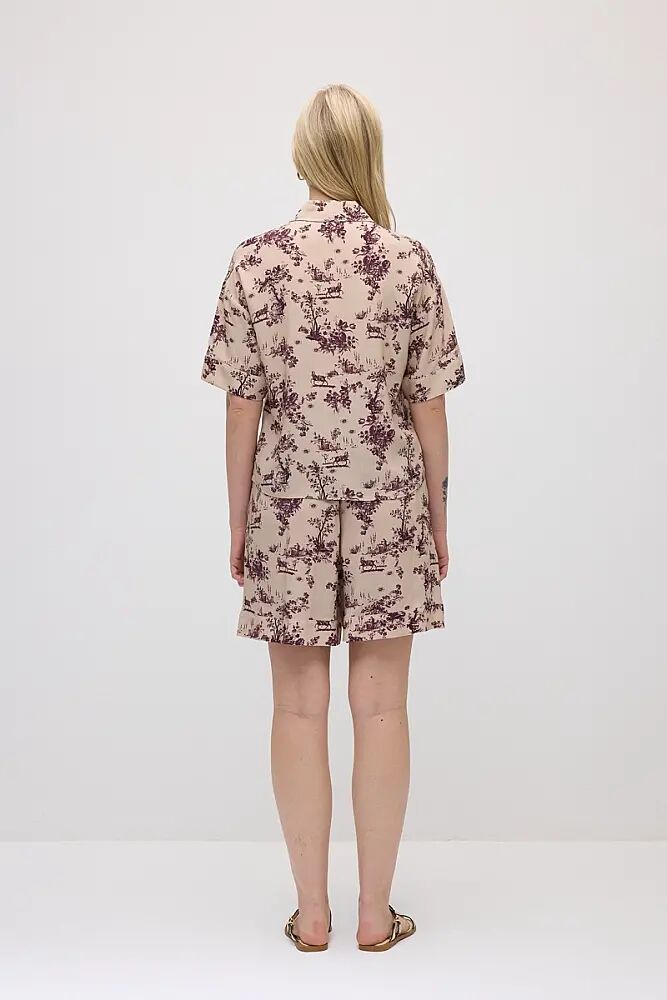 Kısa Kollu Desenli Viskon Gömlek & Beli Lastikli Şort - Bej - 2