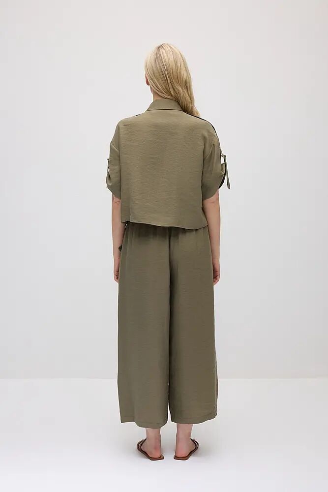 Kolu Apoletli Tencel Gömlek & Bol Paça Tencel Pantolon Takım - Haki - 2