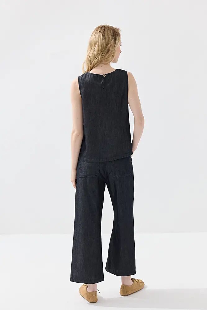 Tensel Denim Kolsuz Bluz & Pantolon Takımı - Lacivert - 2