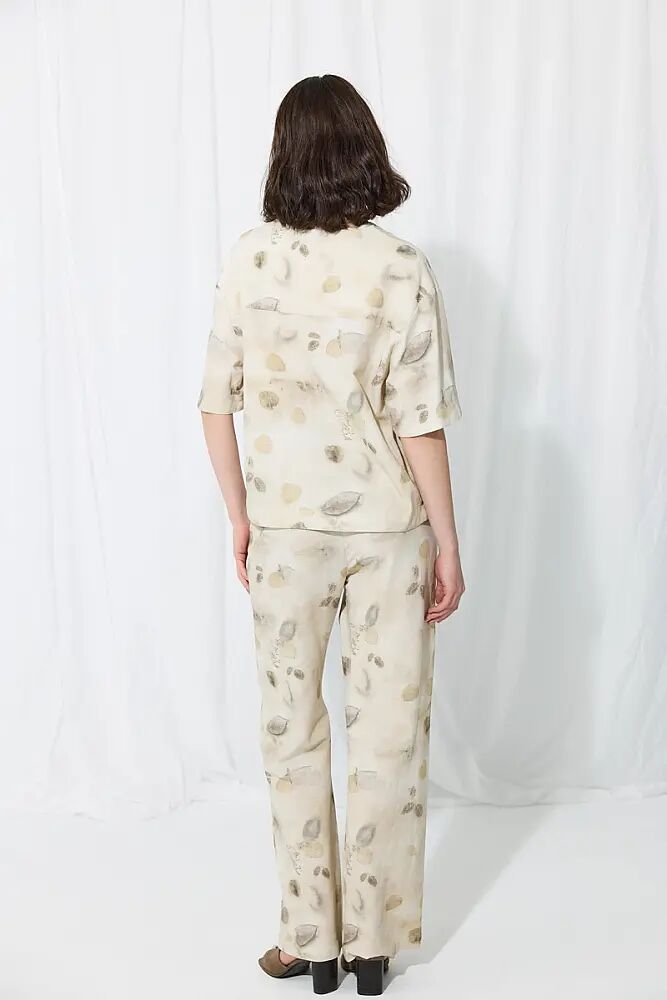 İz Koleksiyonu Eco Print V Yakalı Keten Bluz & Koton Pantolon Takım - Taş - 2