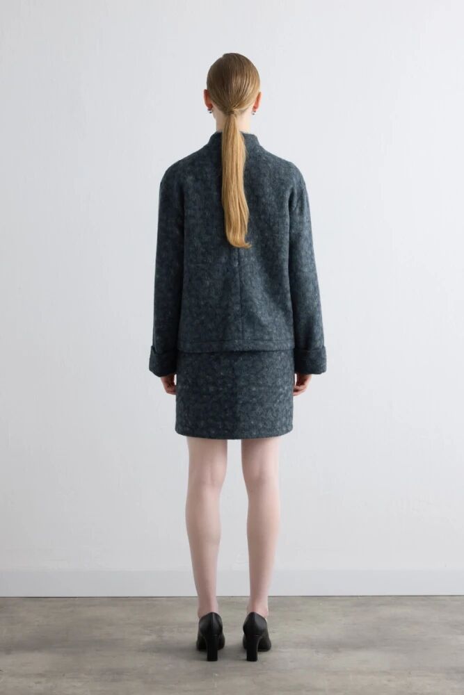 Stand Collar Wool Jacket with Mini Skirt - Grey - 3