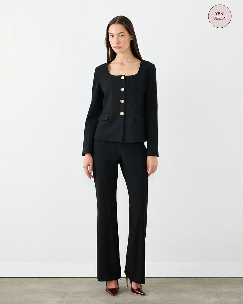 U Neck Buttoned Jacket & Zip Hem Flare Pants Set - Black