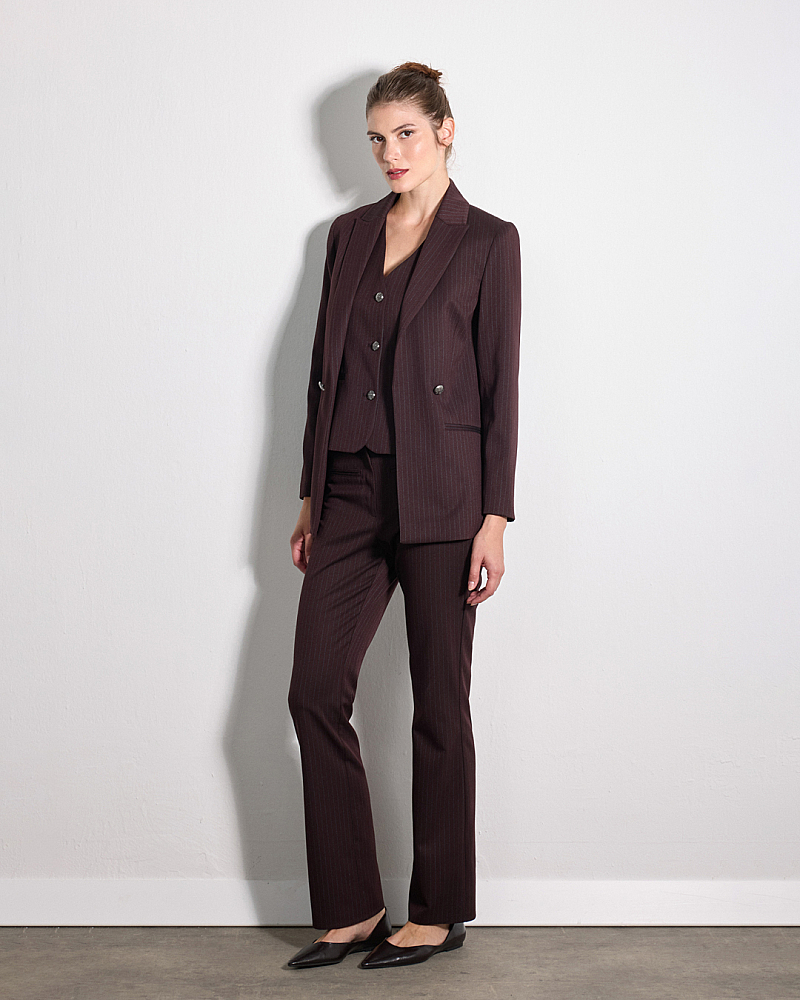 Rahat Kesim Çizgili Blazer Ceket & Çizgili Flare Pantolon Takım - Bordo