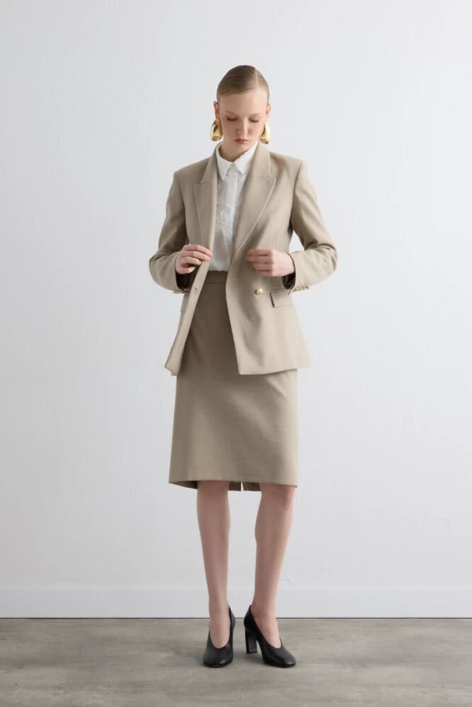 Double-Breasted Cashmere Jacket with Cashmere Pencil Skirt - Beige