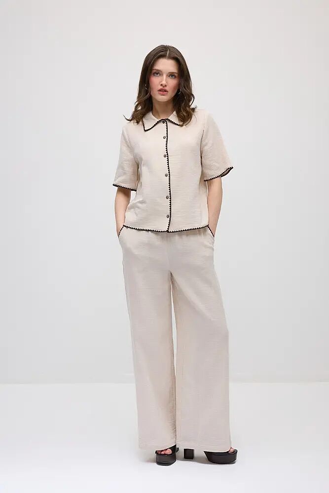 Nakışlı Gömlek & Cepleri Nakışlı Müslin Pantolon Takım- Bej