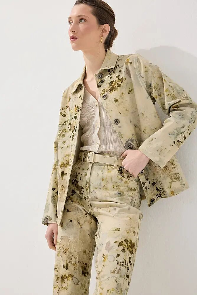 İz Koleksiyonu Eko Print Desenli Kanvas Ceket & Bol Paça Pantolon Takım - Yeşil