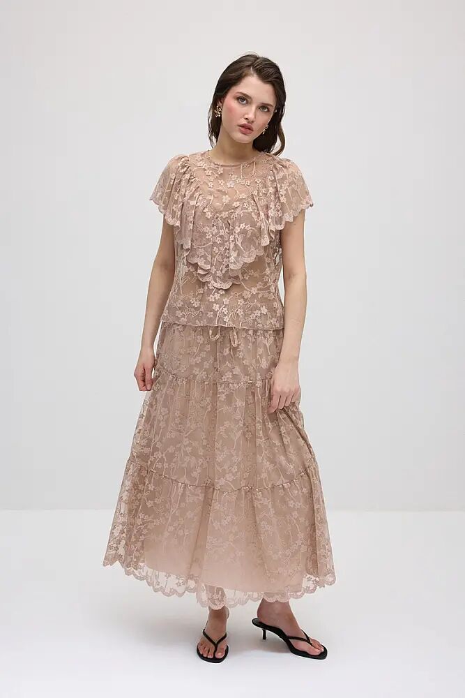 Kısa Kollu Dantel Bluz & Uzun Etek - Bej