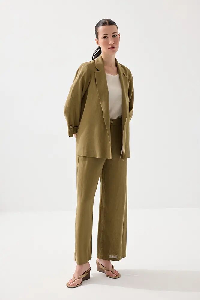 Viskon Keten Rahat Kesim Astarsız Ceket & Bol Paça Pantolon Takım - Haki