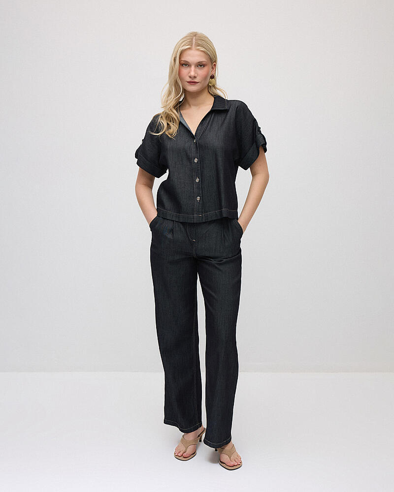 Tencel Denim Kısa Gömlek & Bol Paça Pantolon Takım - Lacivert