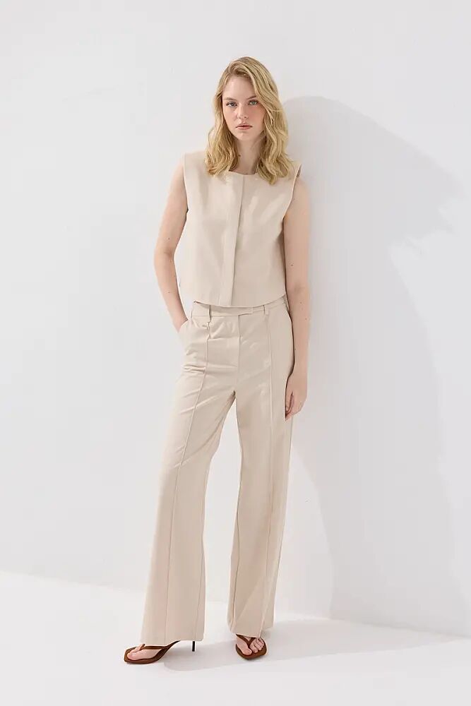 Crew Neck Snap Button Vest & Pintuck Straight Leg Trousers Set - Beige