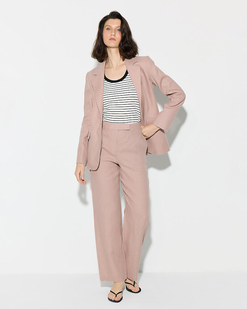 Tek Düğmeli Keten Blazer Ceket & Düz Paça Pantolon Takım - Pudra