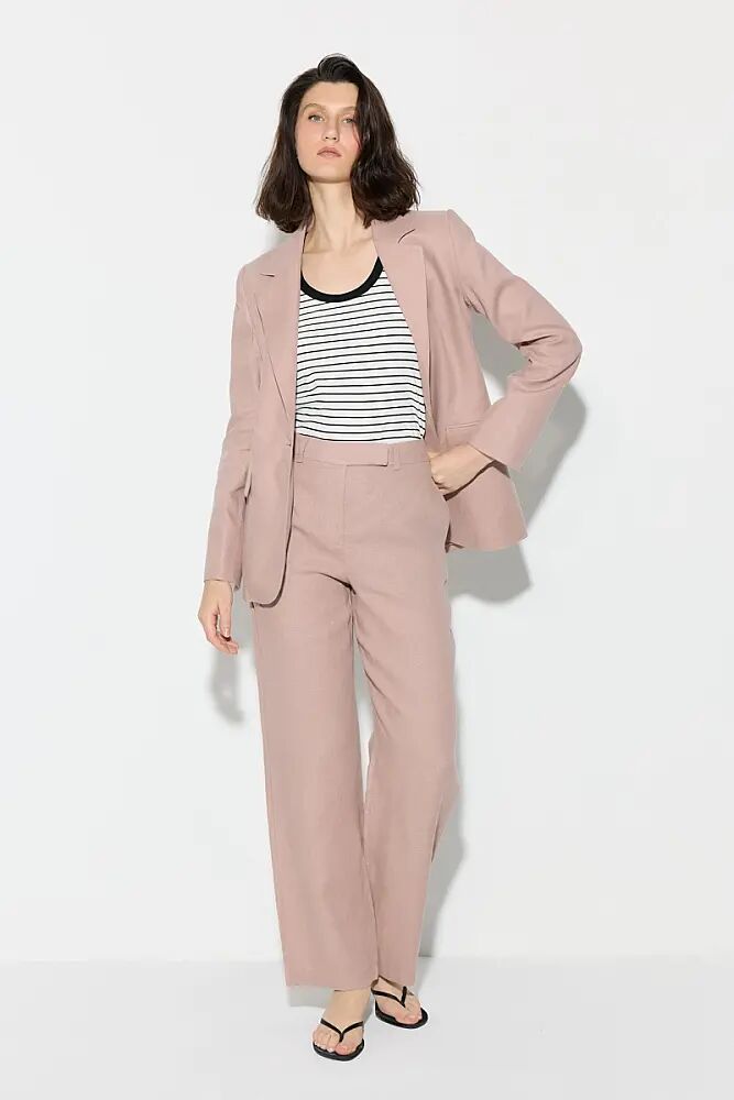Single Button Linen Blazer Jacket & Straight Leg Pants Set - Powder Pink