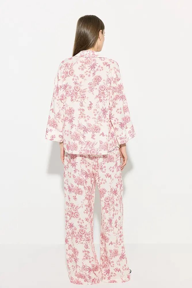 Desenli Rahat Kesim Keten Gömlek & Beli Lastikli Bol Paça Pantolon Takım - Pembe - 2