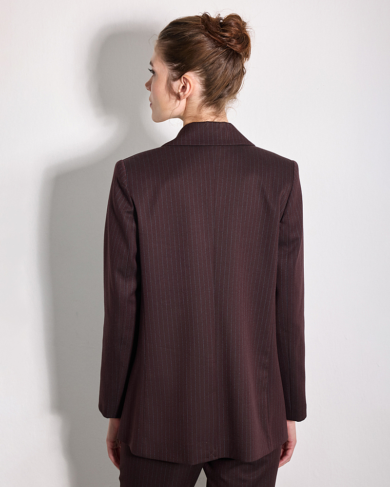 Rahat Kesim Çizgili Blazer Ceket & Çizgili Flare Pantolon Takım - Bordo - 2
