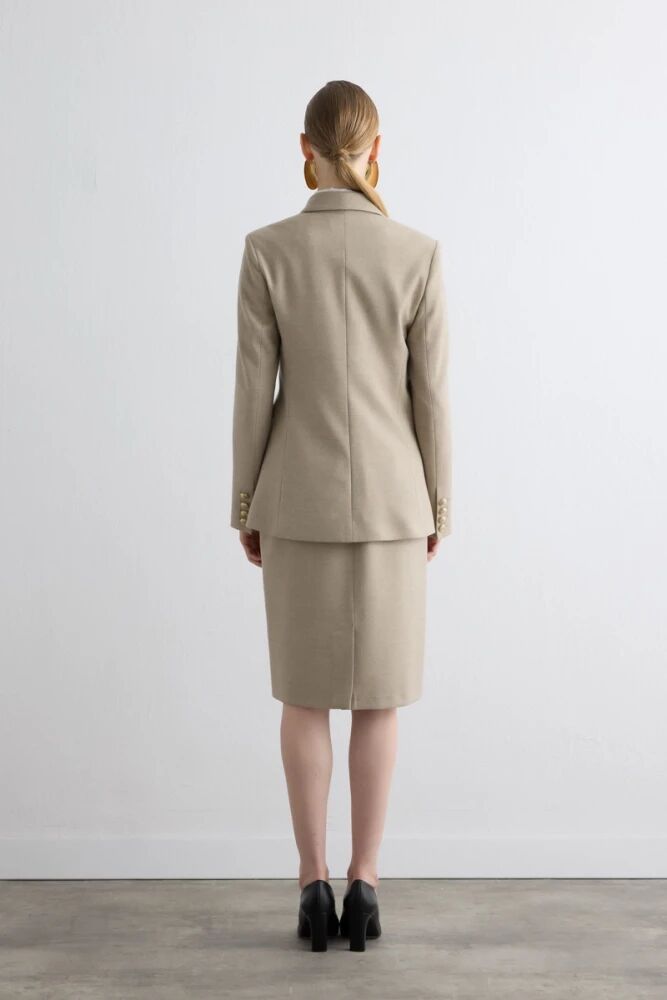Double-Breasted Cashmere Jacket with Cashmere Pencil Skirt - Beige - 2
