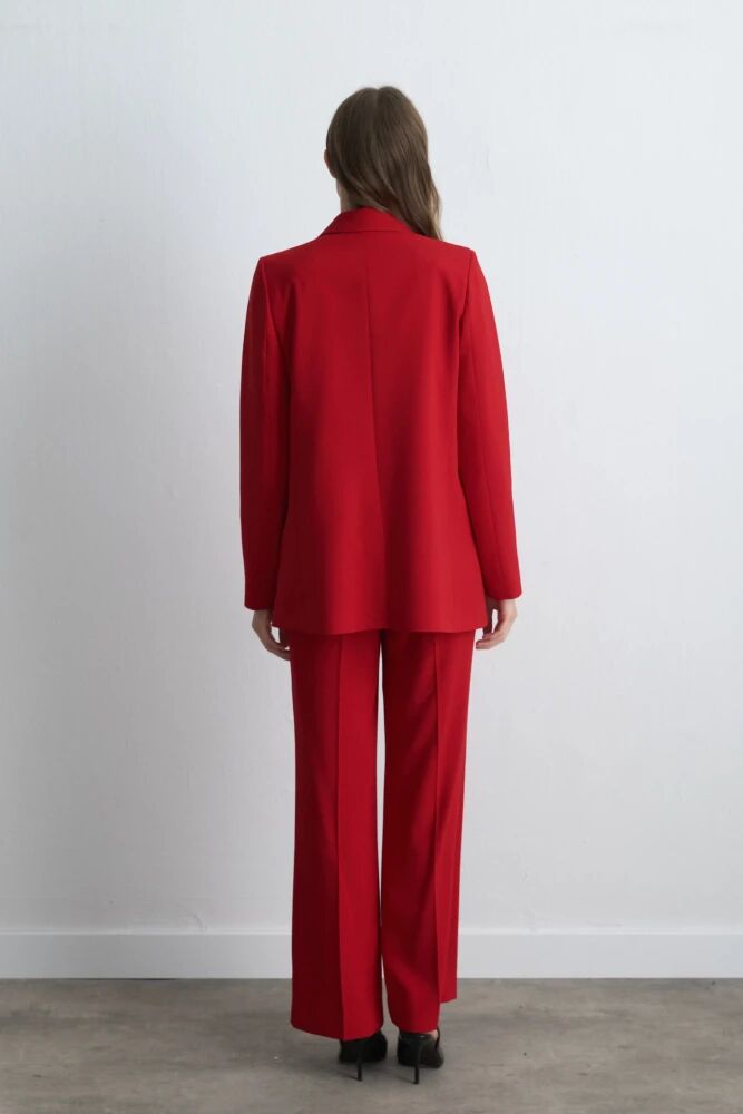 Krep Blazer Ceket & Boru Paça Pantolon - Kırmızı Takım - 2