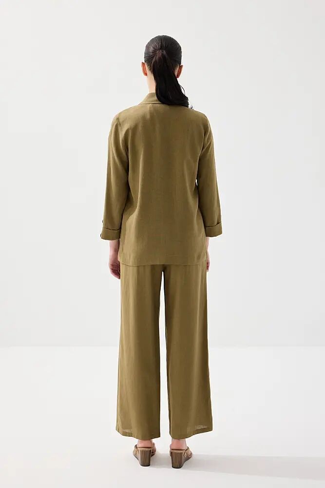 Viskon Keten Rahat Kesim Astarsız Ceket & Bol Paça Pantolon Takım - Haki - 2