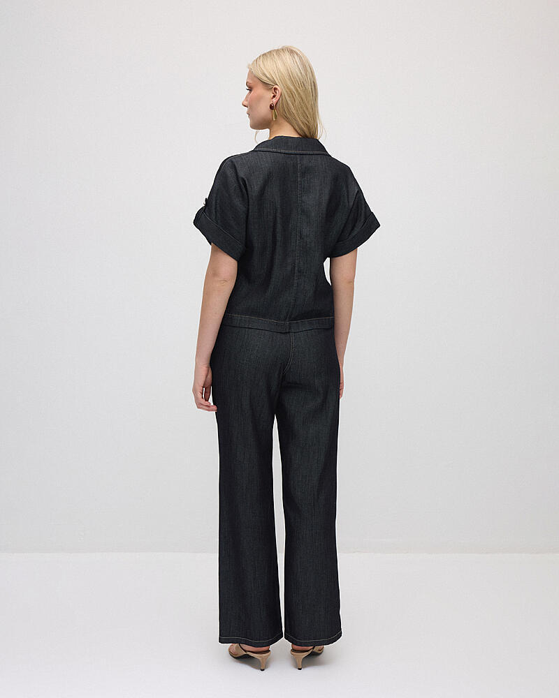 Tencel Denim Kısa Gömlek & Bol Paça Pantolon Takım - Lacivert - 2