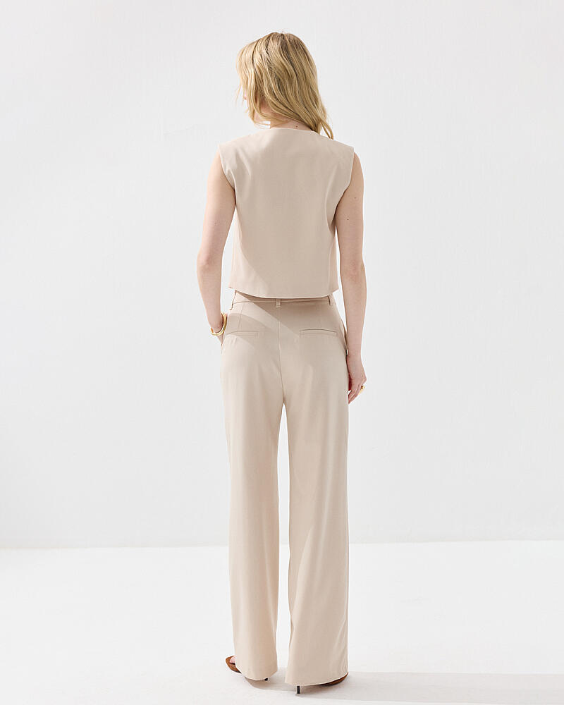 Crew Neck Snap Button Vest & Pintuck Straight Leg Trousers Set - Beige - 2