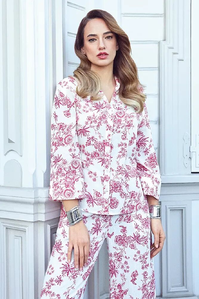 Desenli Rahat Kesim Keten Gömlek & Beli Lastikli Bol Paça Pantolon Takım - Pembe